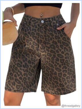 Leopard Denim Bermuda Jean Shorts Mid Rise Wide Leg Knee Length